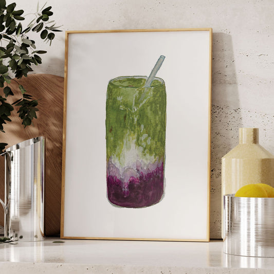 A framed blueberry matcha art print. A4 fine art print of an original blueberry matcha illustration