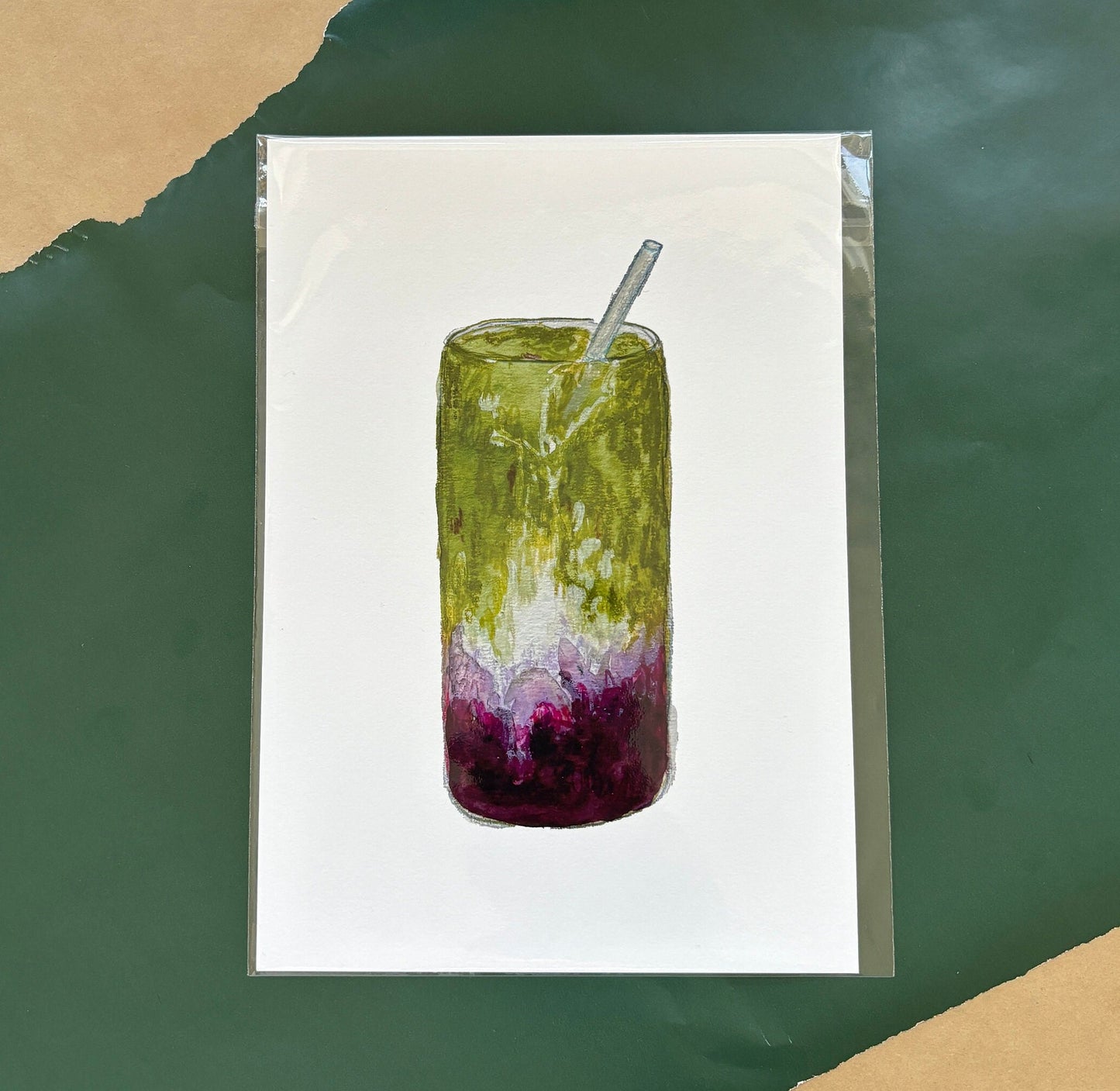A close up detail shot of a blueberry matcha art print. Size A5