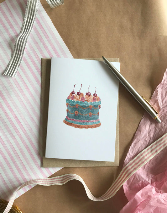 Blue Vintage Birthday Cake Card