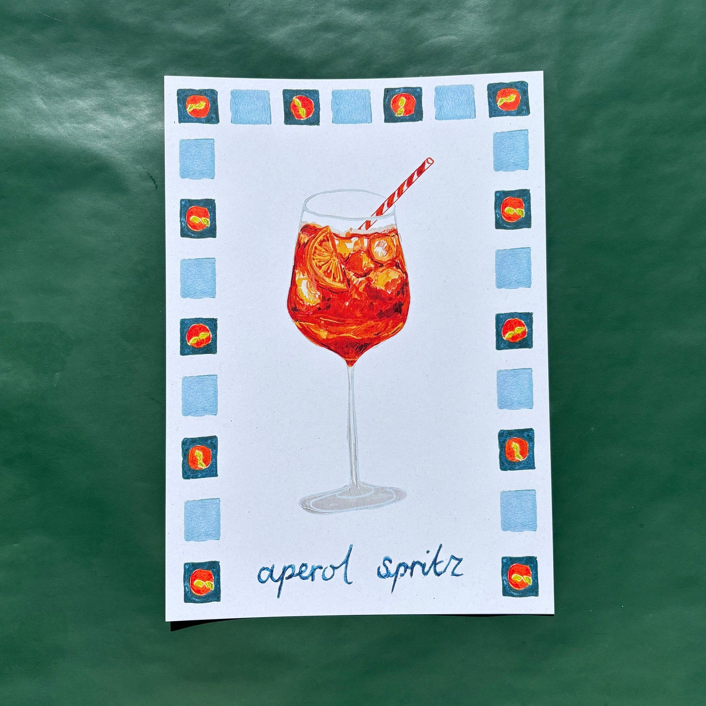 Art print with an Aperol spritz cocktail illustration and text
