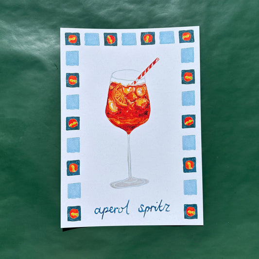 Art print with an Aperol spritz cocktail illustration and text