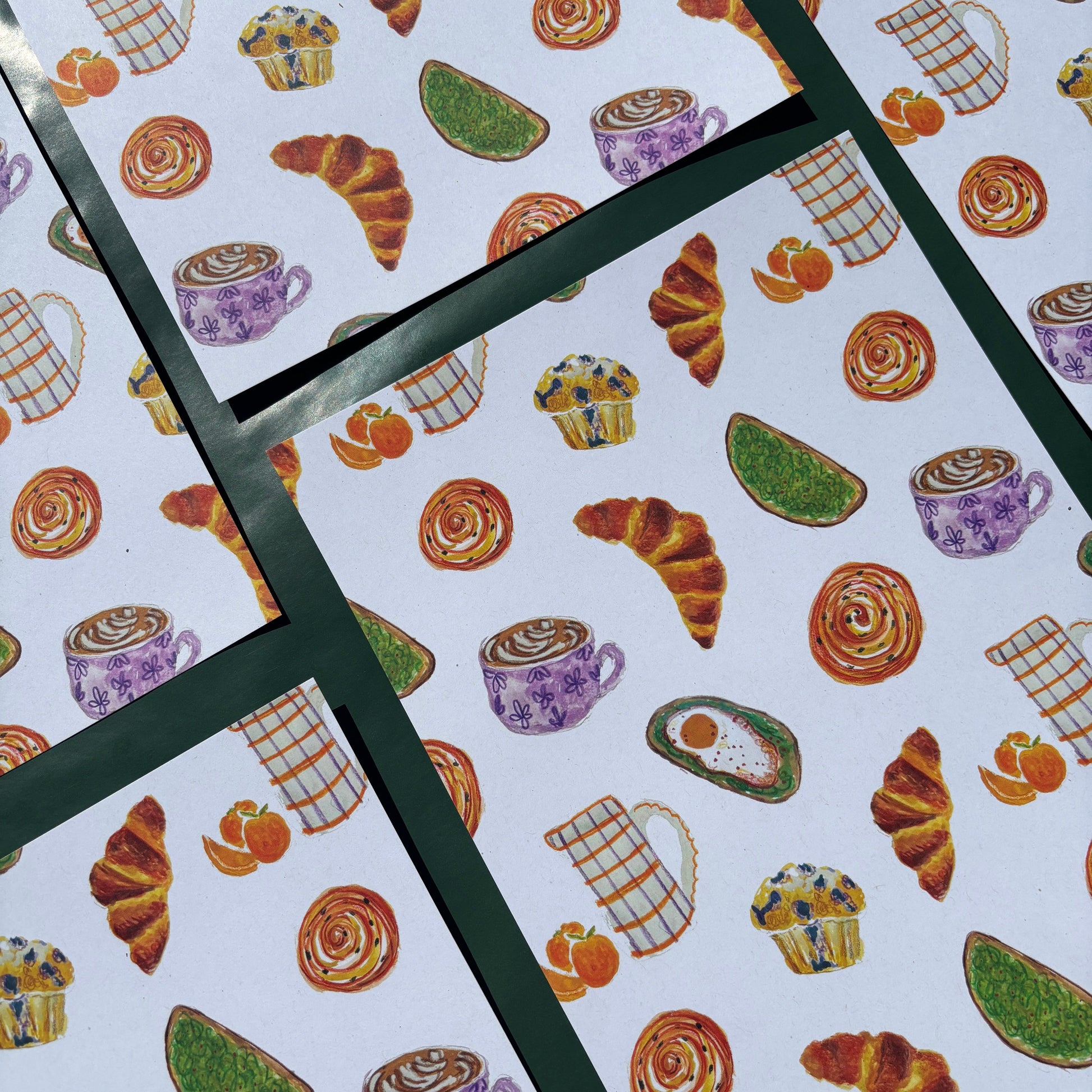 Multiple prints with breakfast food and drink illustrations 