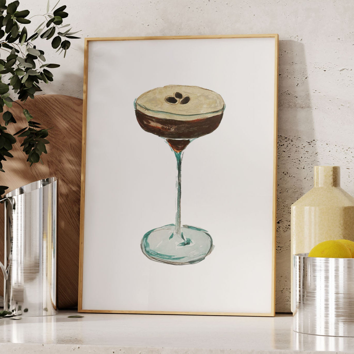 Framed A4 espresso martini print. Fine art reproduction of an original illustration