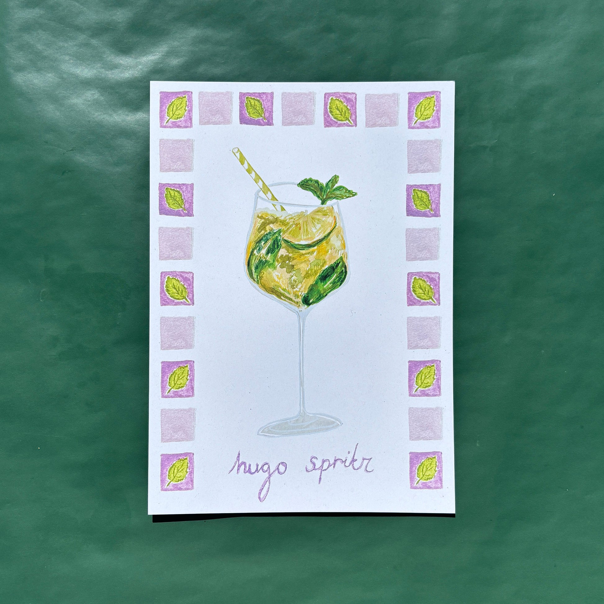 An art print featuring an illustration of a hugo spritz cocktail with a purple border