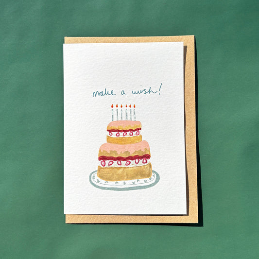 Greeting card with a cake illustration and 'make a wish!' text on a green background