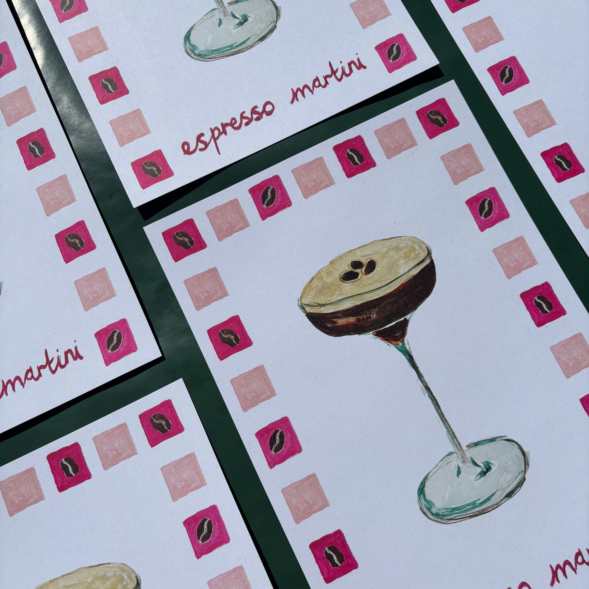 Set of prints featuring espresso martini cocktail illustrations and hand painted text.