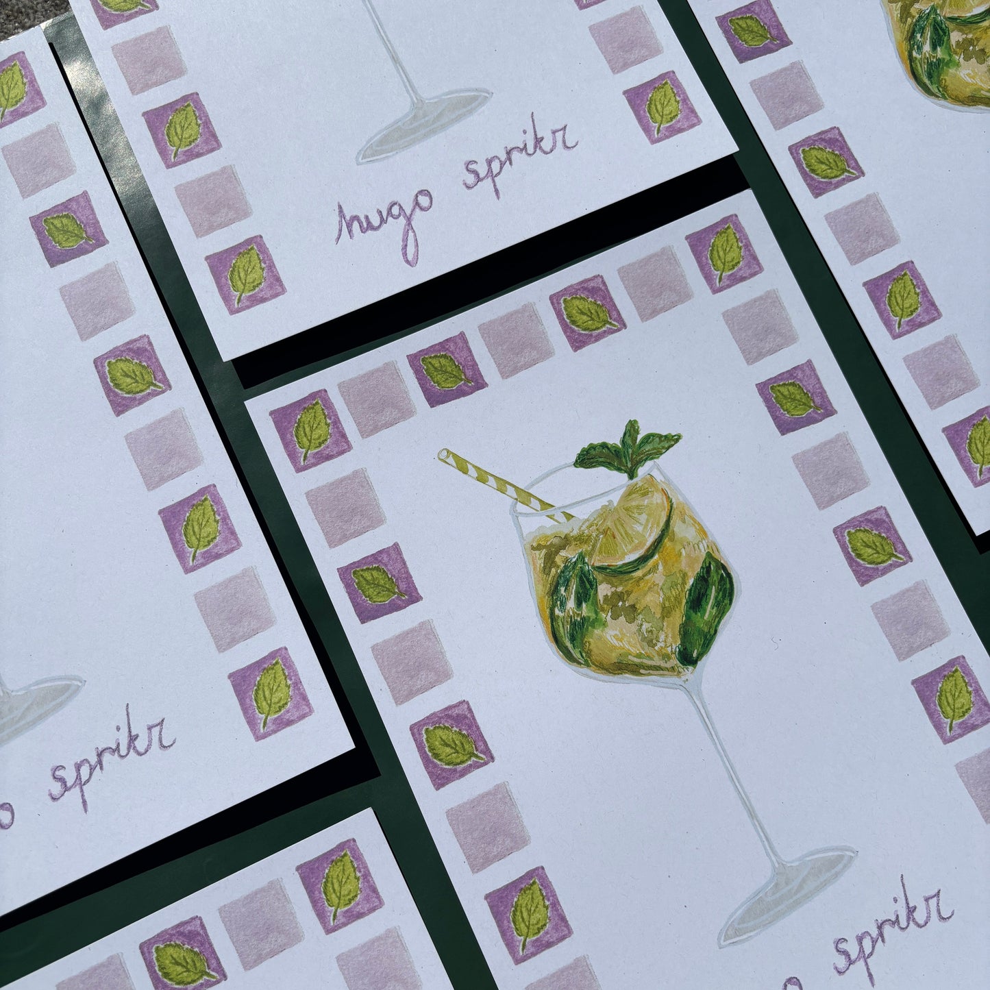 Set of prints with hugo spritz cocktail illustrations and 'hugo spritz' text