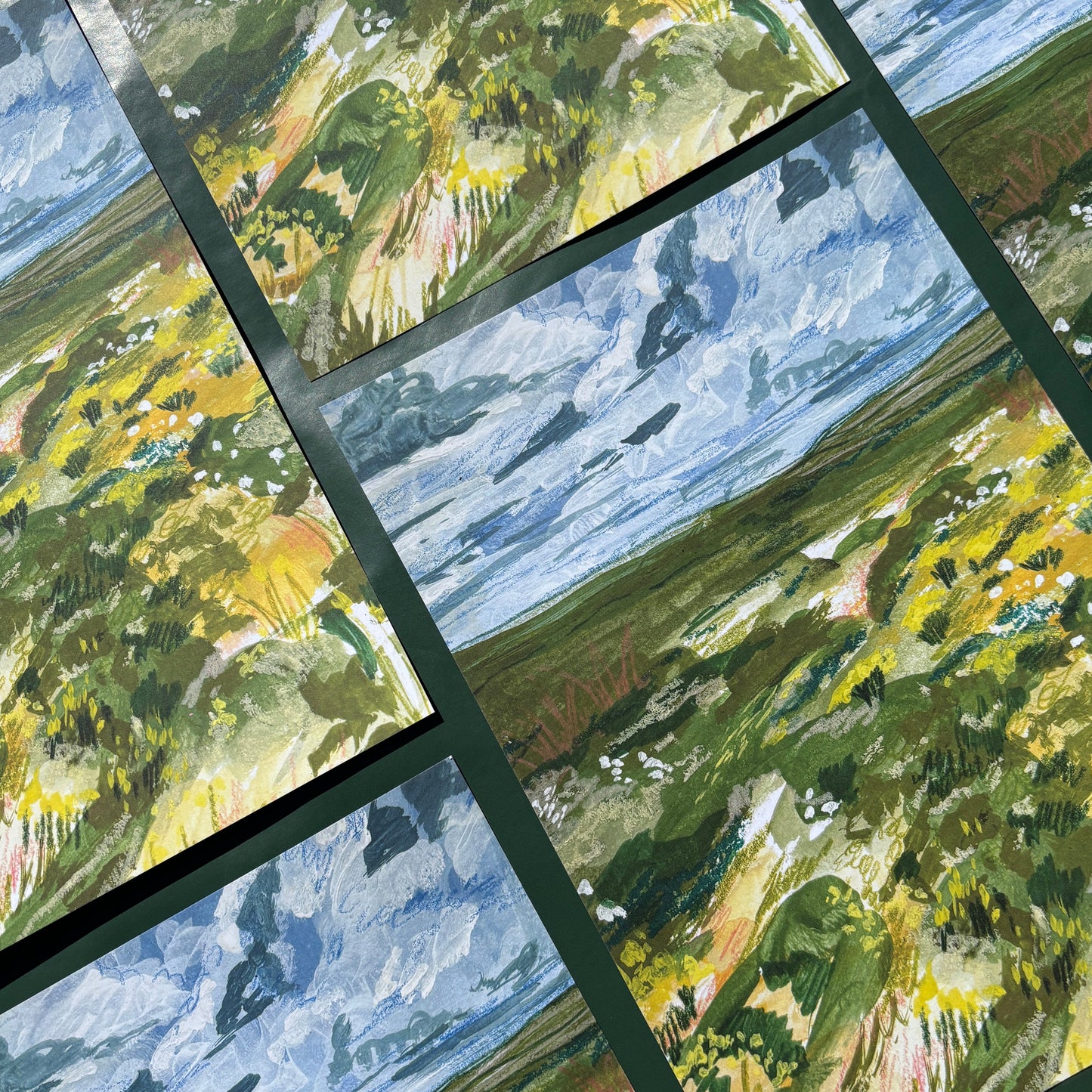 Set of art prints featuring a painting of an abstract Irish forest.