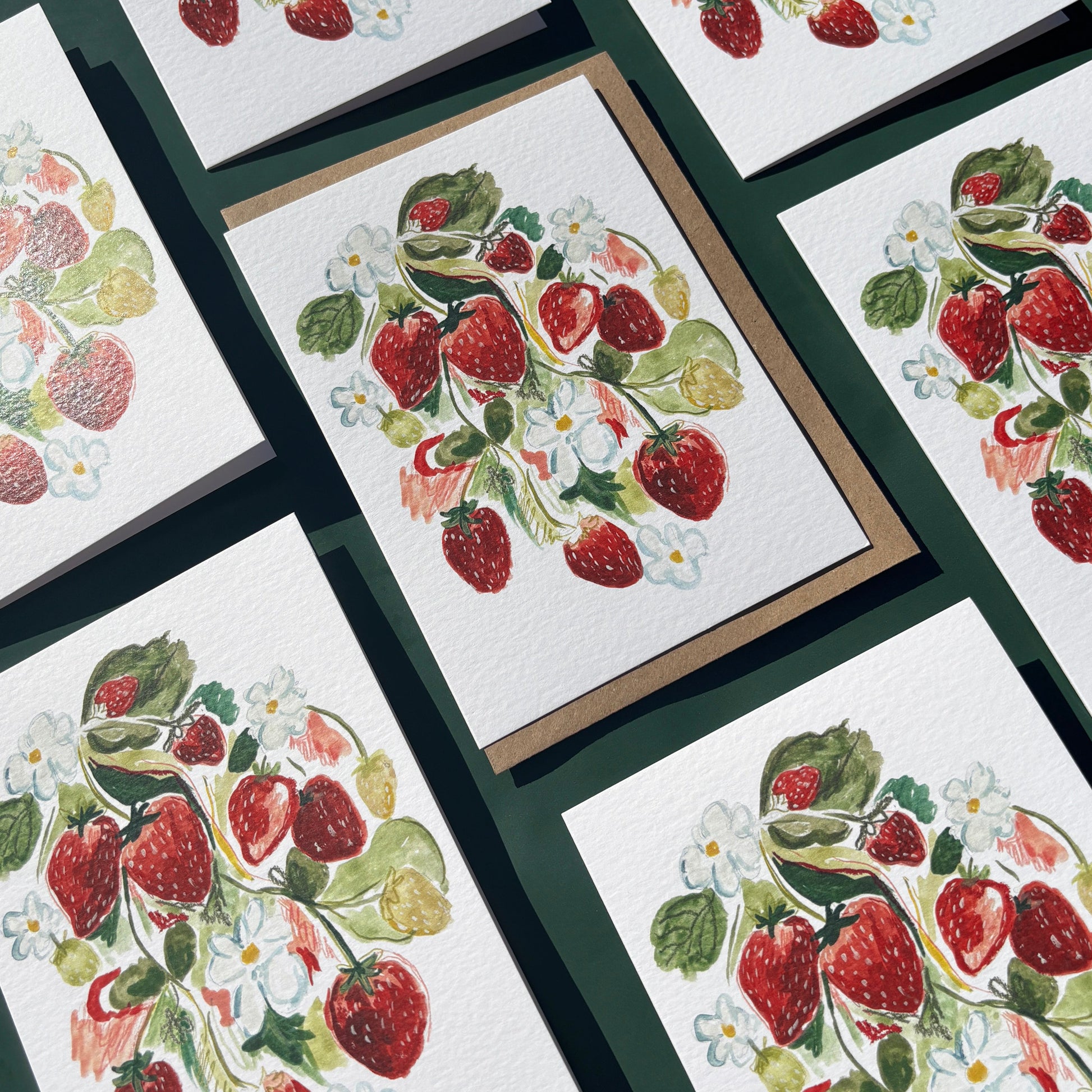 Set of greeting cards with strawberries and flowers painting