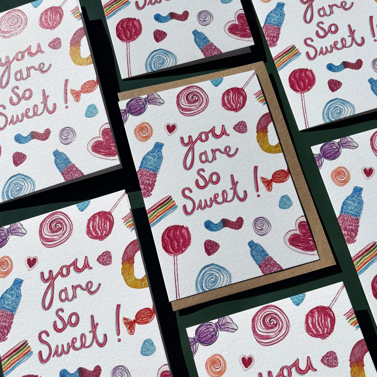 Multiple greeting cards with colourful sweet illustrations and 'you are so sweet' text