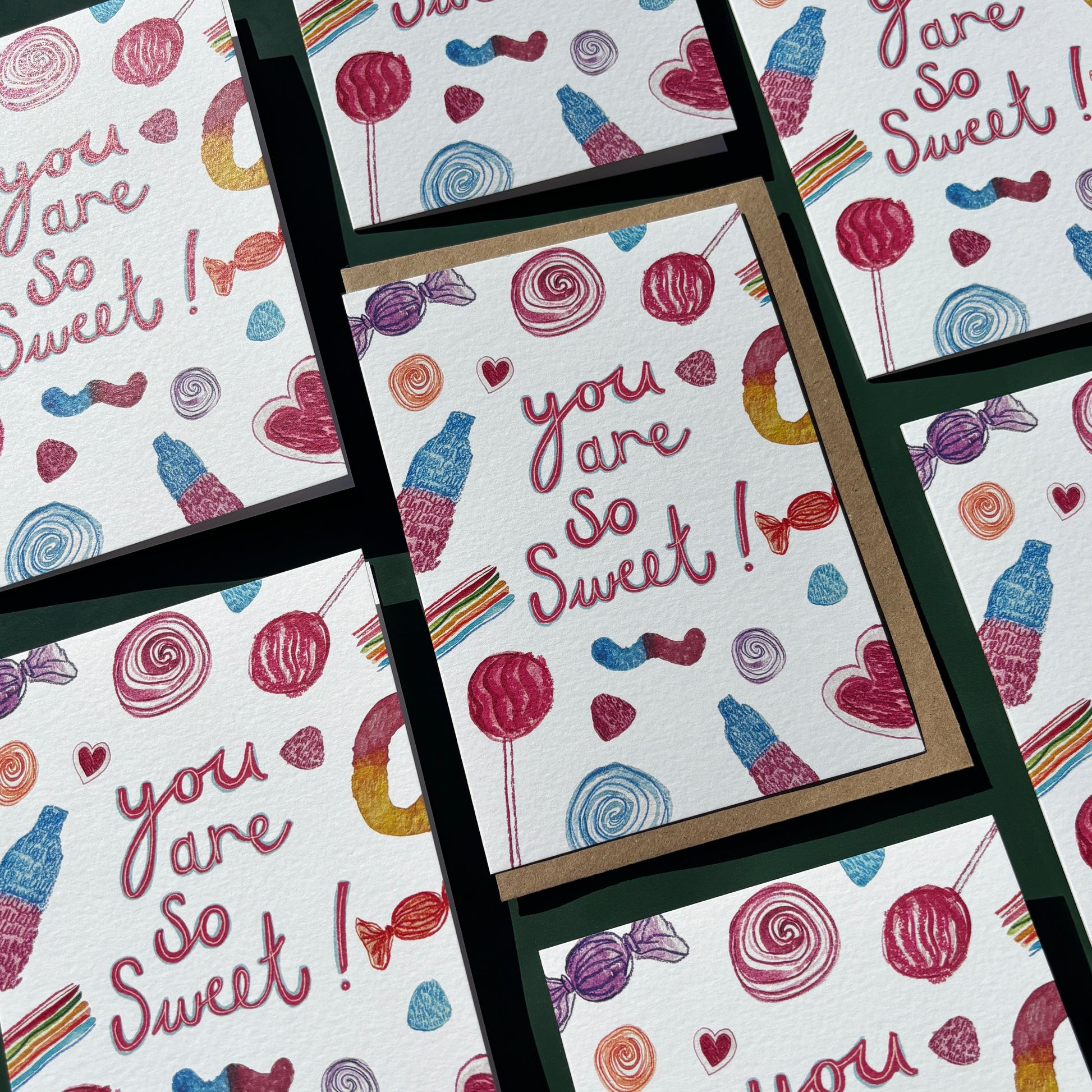 Multiple greeting cards with colourful sweet illustrations and 'you are so sweet' text