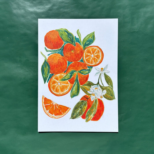 Art print featuring a painting of oranges and flowers