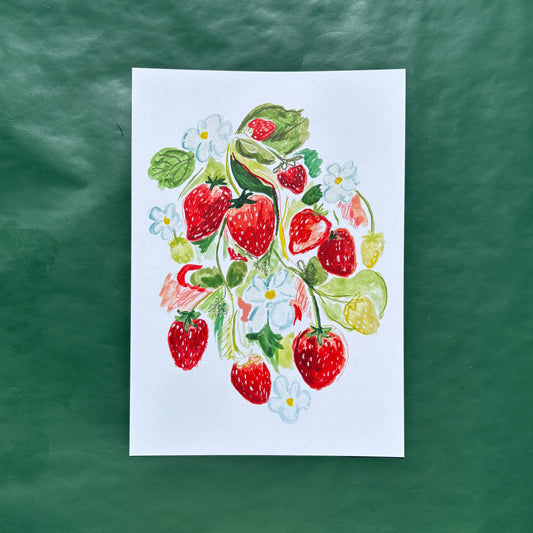 Art print with a strawberry and flower design