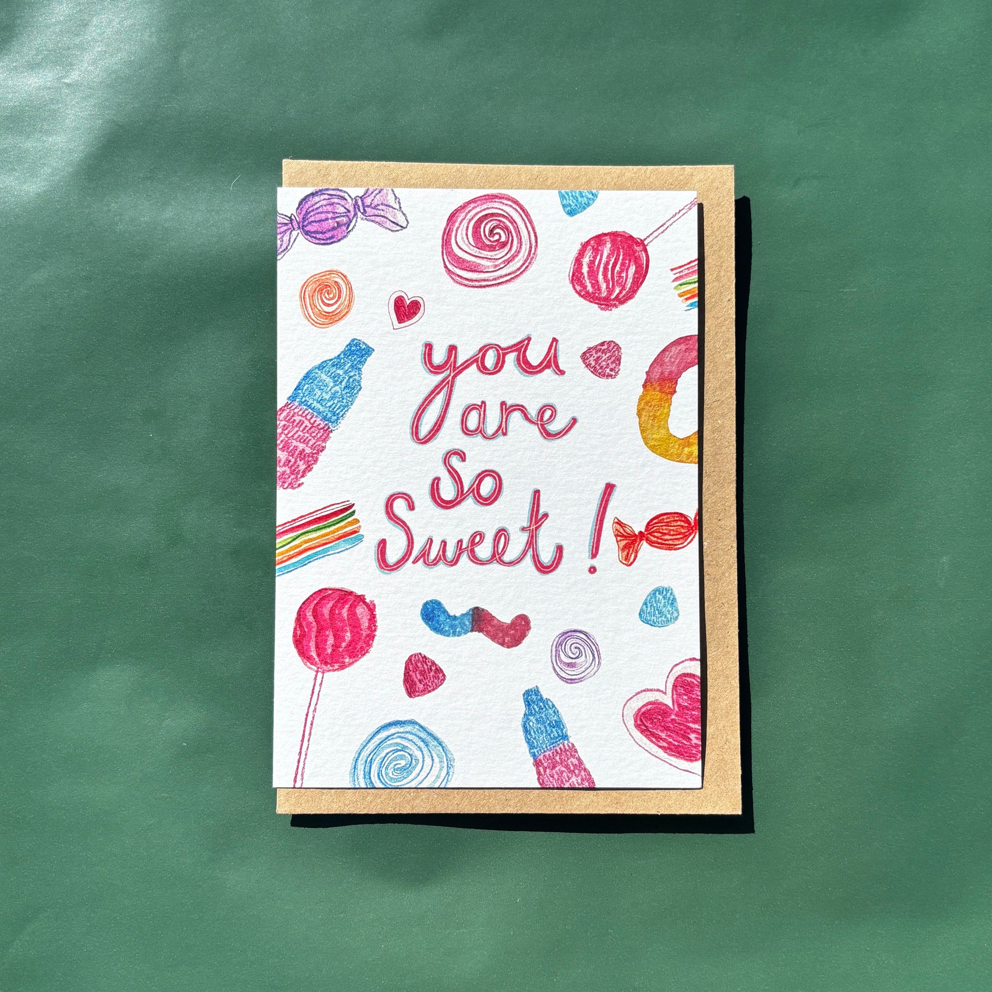 A greeting card featuring colourful sweet illustrations with 'you are so sweet' text