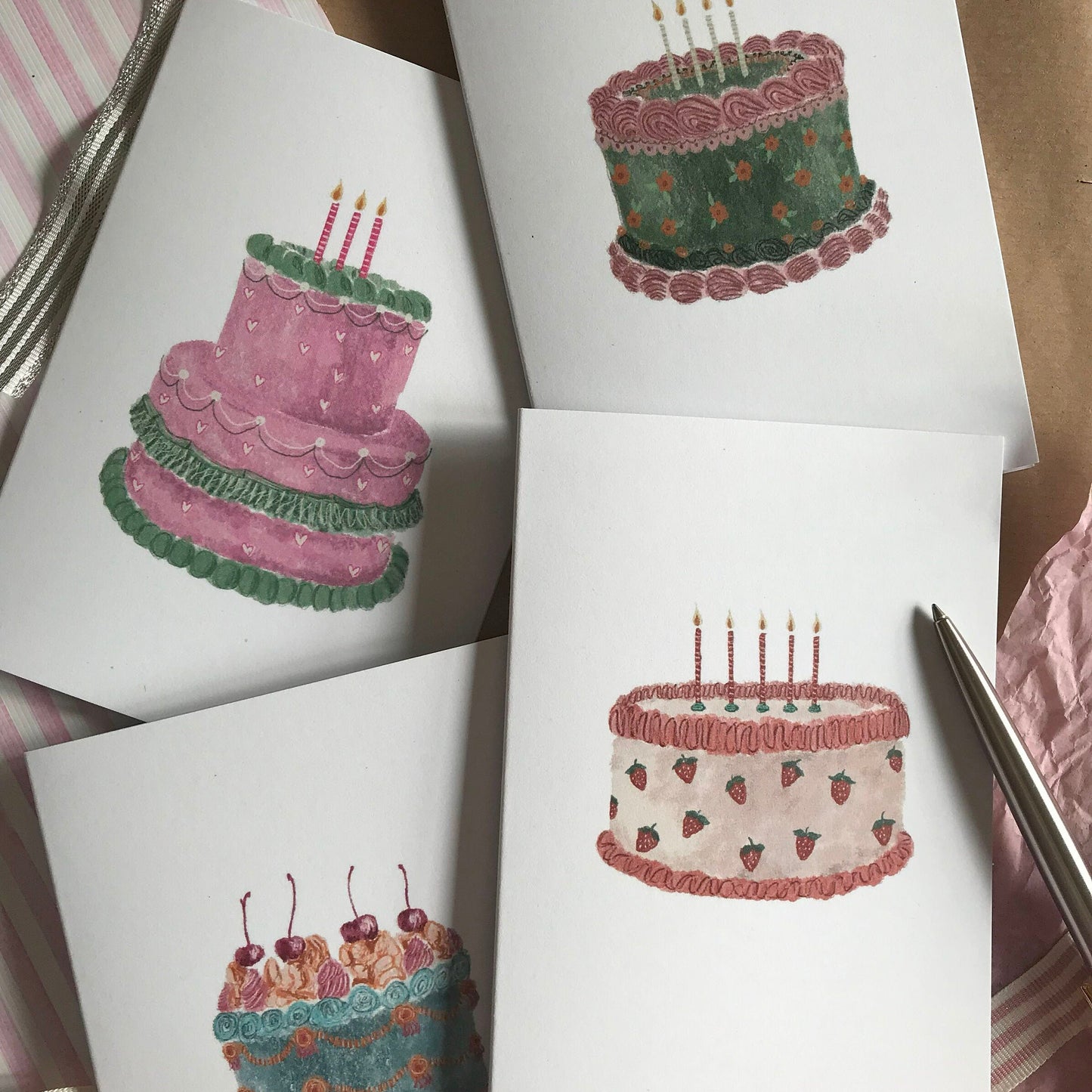 Pink Vintage Birthday Cake Card