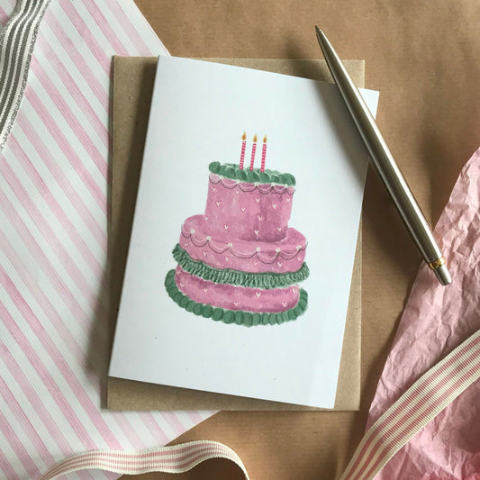 Pink Vintage Birthday Cake Card